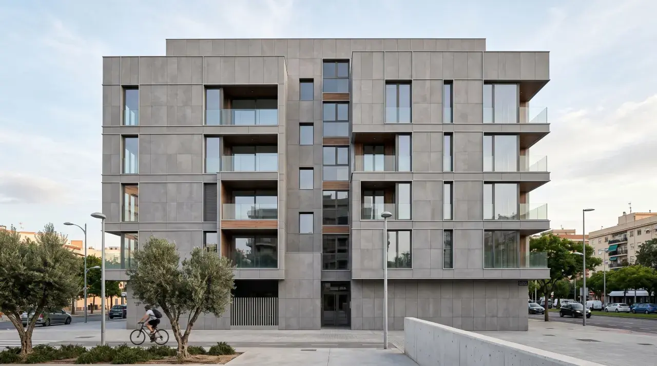 Edificio moderno con una elegante fachada ventilada de paneles grises, balcones acristalados y detalles en madera. Un ciclista pasa frente a árboles y la calle.