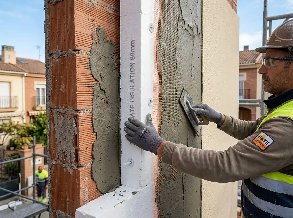 Obrero aplica mortero sobre aislamiento térmico en fachadas. El sistema SATE mejora la eficiencia energética.