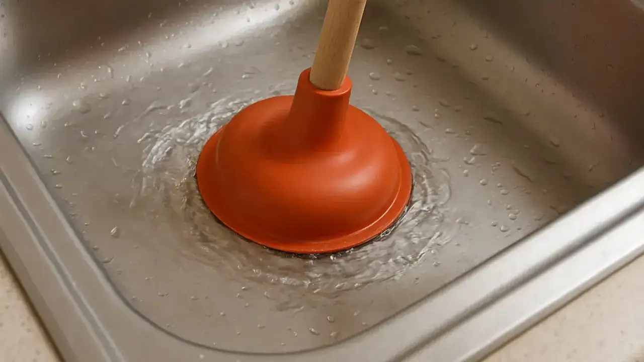 Desatascar fregadero con desatascador de goma naranja. El agua burbujea alrededor.