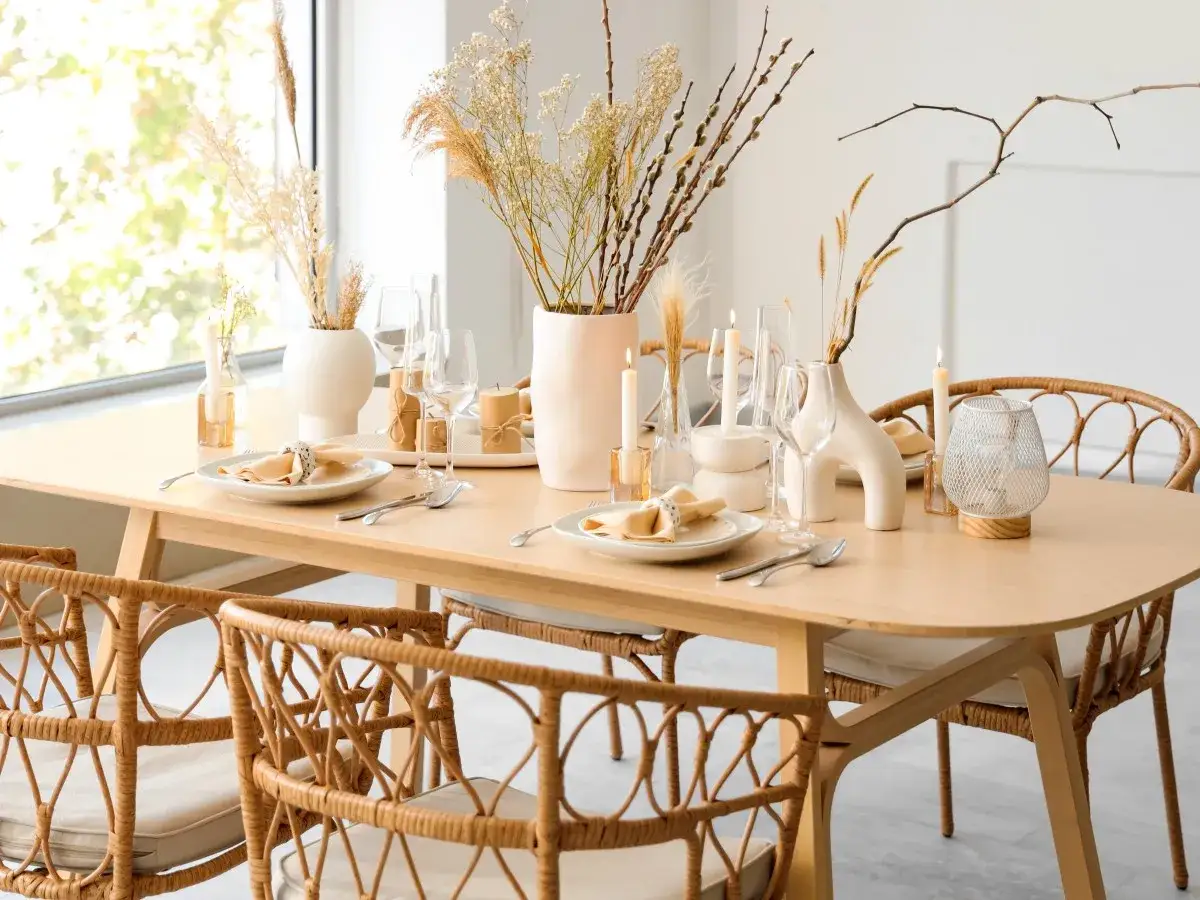 Mesa de comedor decorada con centros de mesa de ramas secas, velas y vajilla elegante.