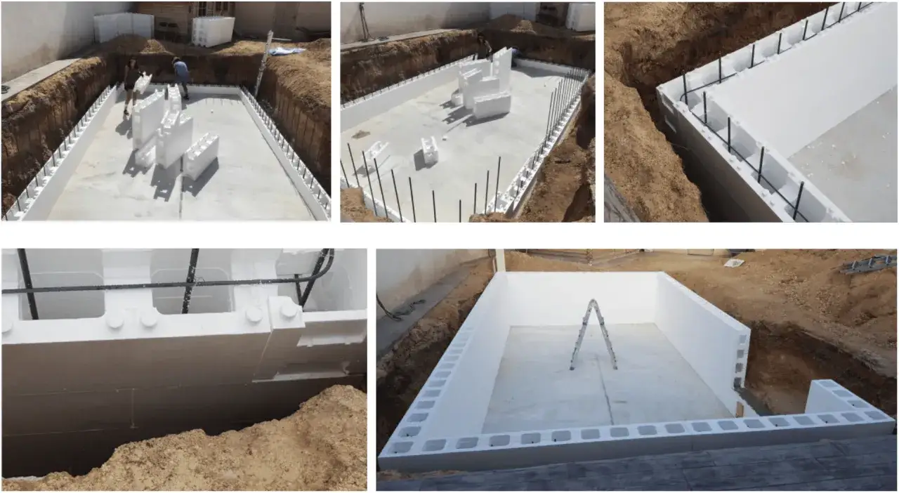Avances en la construccion piscina. Se aprecian bloques de poliestireno expandido y varillas de refuerzo en la excavación.