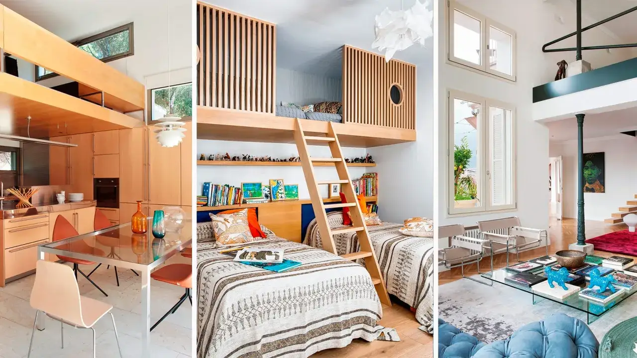 Cocina moderna, habitaci&oacute;n infantil con altillo de madera y sal&oacute;n con escaleras.