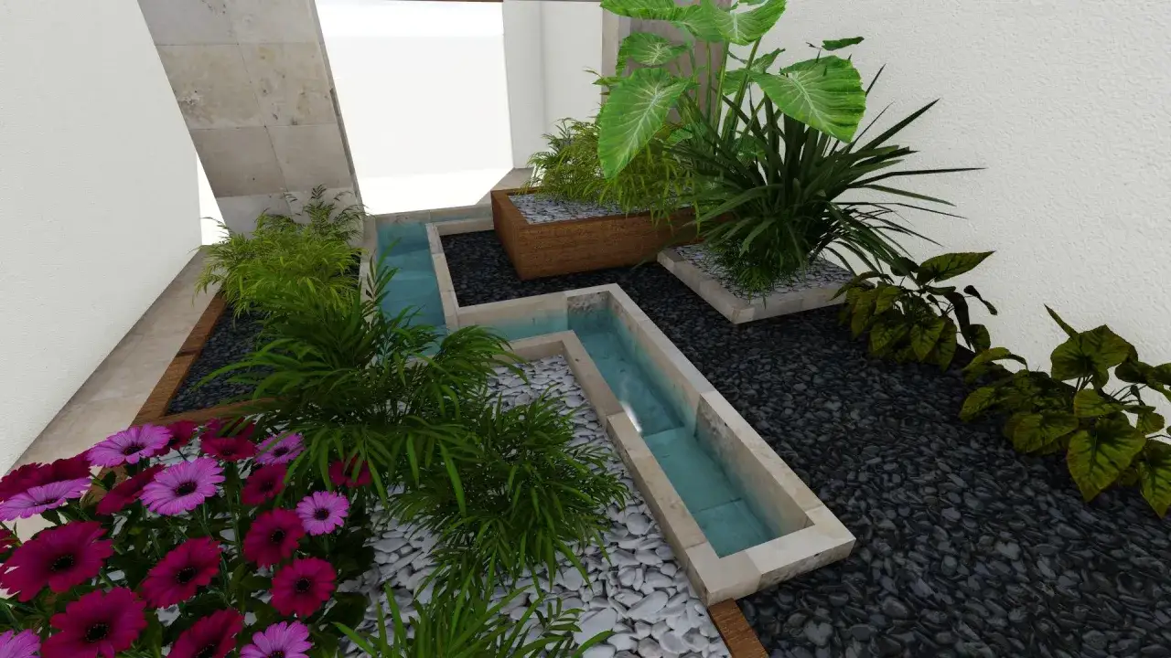 Un jardín infinito con flores moradas, plantas exuberantes y un canal de agua que serpentea entre piedras oscuras y blancas.