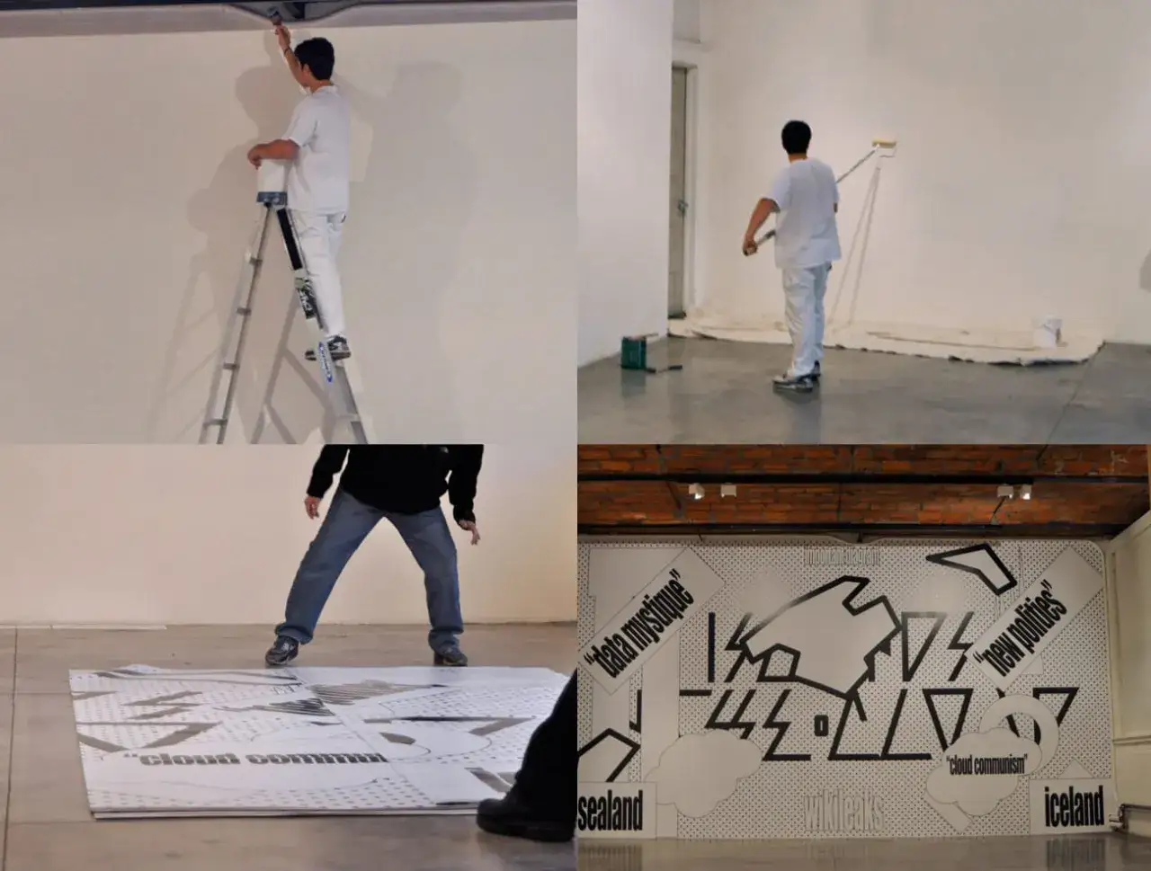 Un artista prepara una pared para empapelar, aplicando una capa base. Luego, con un rodillo, pinta la superficie. Finalmente, se ve el resultado: un mural con texto y formas abstractas.