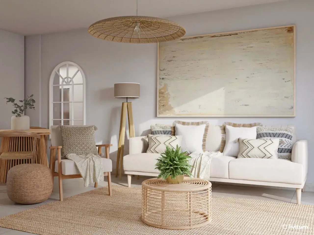 Acogedor sal&oacute;n n&oacute;rdico r&uacute;stico con sof&aacute; blanco, sill&oacute;n de mimbre, mesa de centro de rat&aacute;n y alfombra de yute.