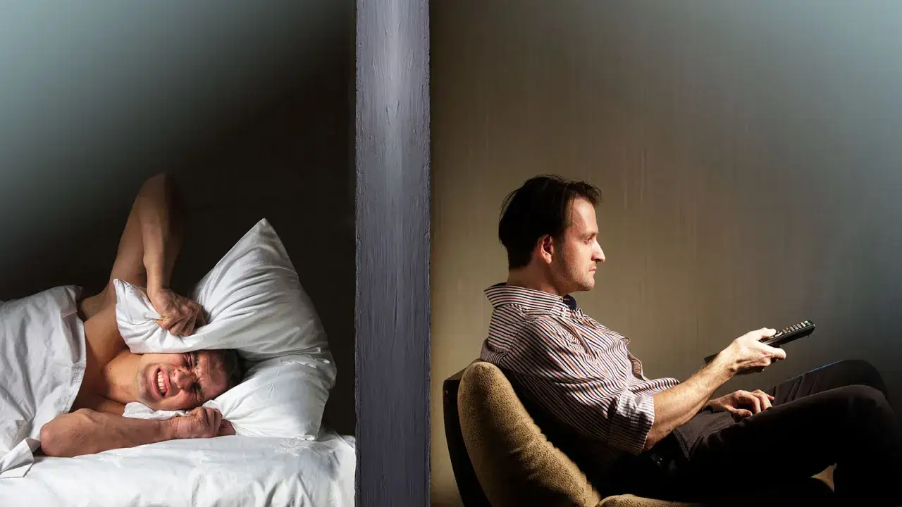 Hombre en cama tapa o&iacute;dos con almohada, sufriendo ruidos molestos ejemplos. Al otro lado, otro hombre ve TV.