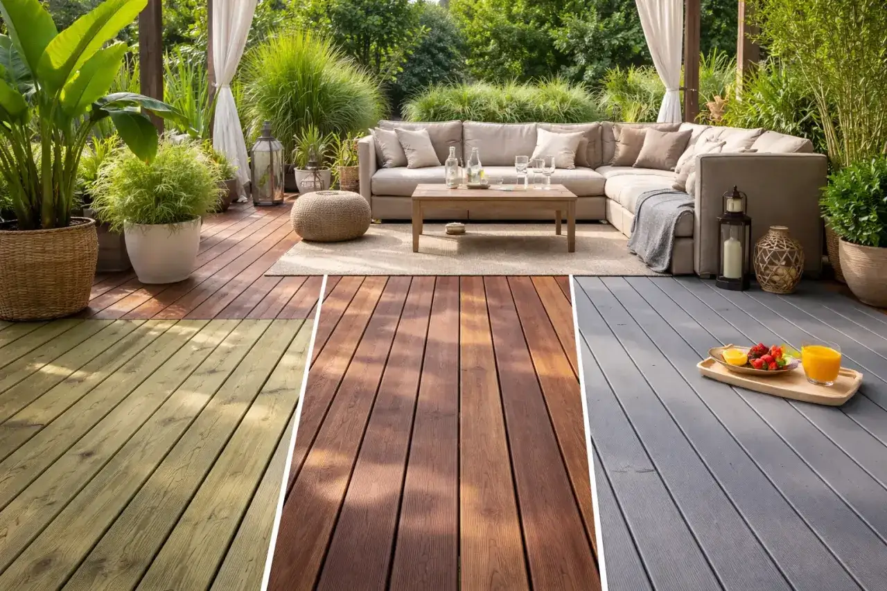 Comparación de terrazas de madera: verde, marrón y gris. Un sofá y mesa de centro invitan al relax.