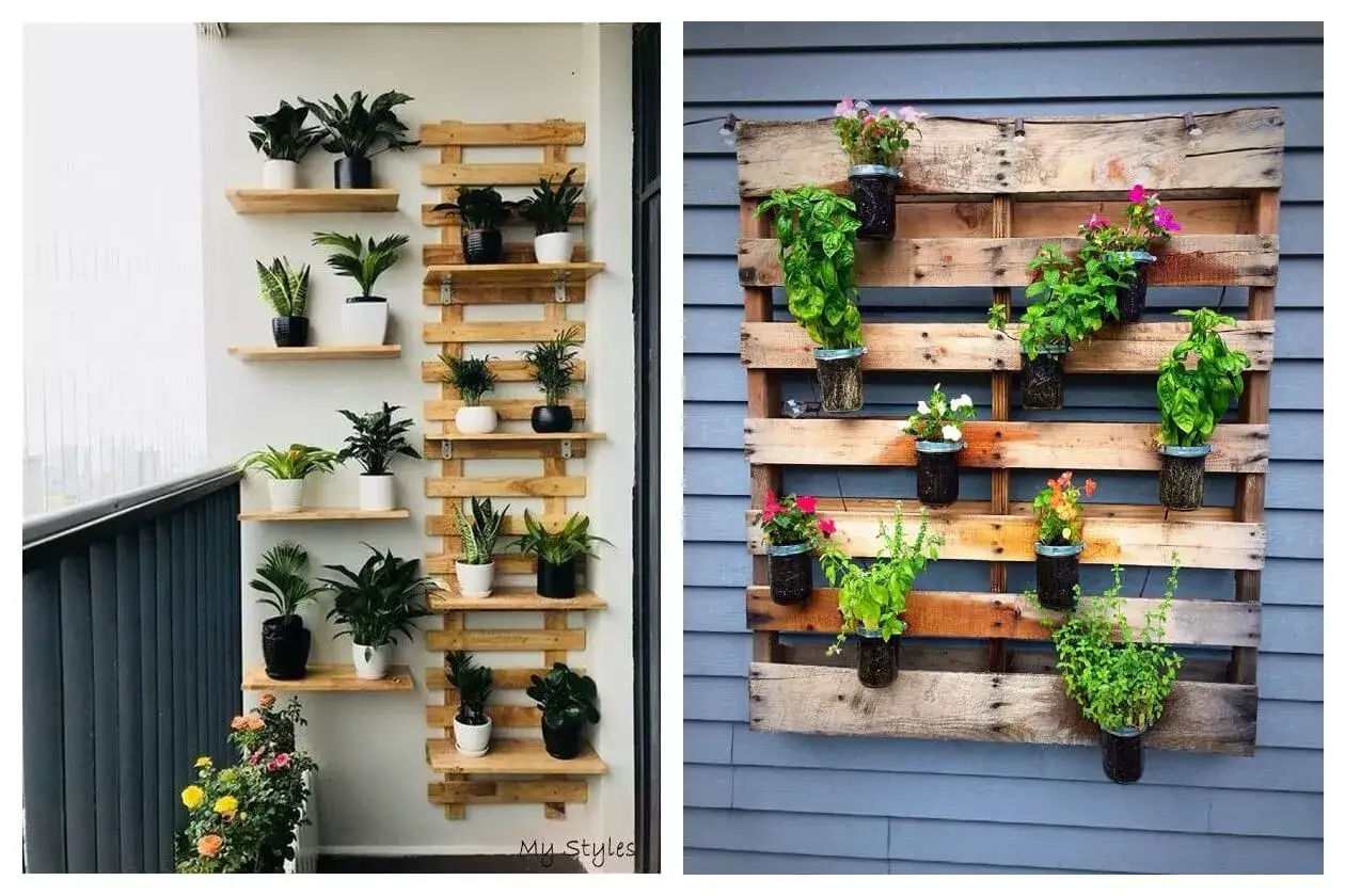 Ideas para aprovechar balcones pequeños: estanterías y palets de madera con plantas crean jardines verticales.