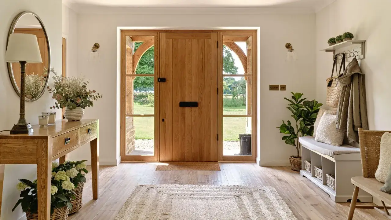 Un recibidor luminoso con puerta de madera, consola, espejo y banco. Pasillos con encanto que invitan a entrar en un hogar acogedor.
