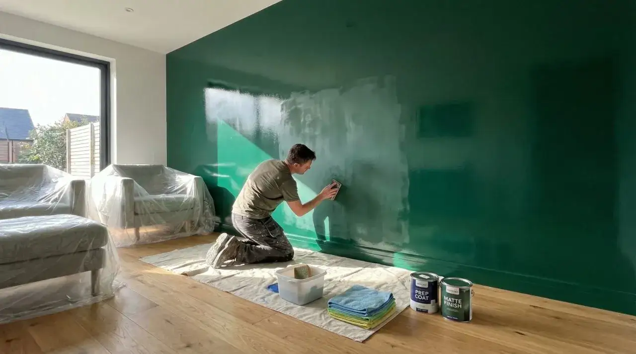 Hombre lijando pared verde brillante, aplicando trucos para pintar paredes. Muebles cubiertos, latas de pintura y trapos listos.