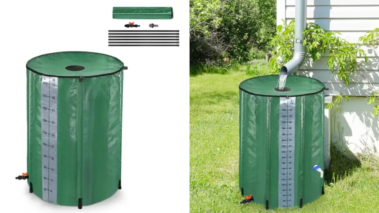 Barril verde para almacenar agua de lluvia, con medidor de capacidad. Ideal para jardines.