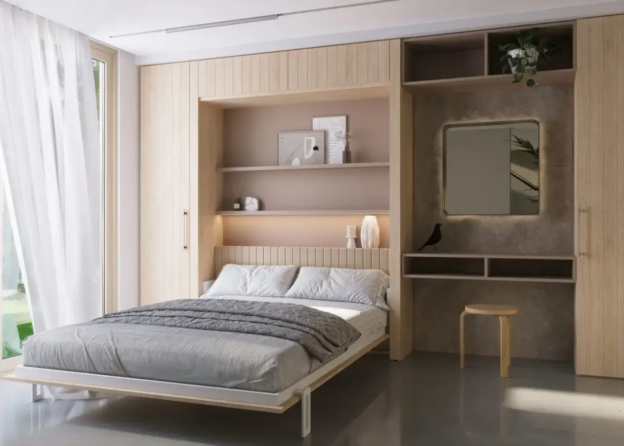 Habitaciones peque&ntilde;as para adultos con cama acogedora, estantes de madera, espejo iluminado y un toque de naturaleza.