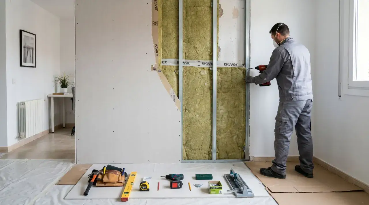 Un hombre con mascarilla y mono gris usa un taladro para fijar una placa de yeso en una pared interior en construcción, con aislamiento visible.
