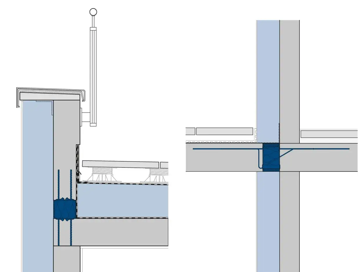 Detalle constructivo de junta entre forjado y muro, mostrando aislamiento para evitar la transmisión térmica.