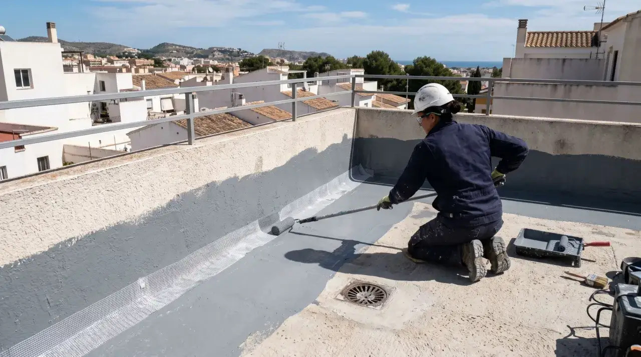 Trabajador aplica pintura gris para impermeabilizar terraza, protegiéndola de la lluvia.