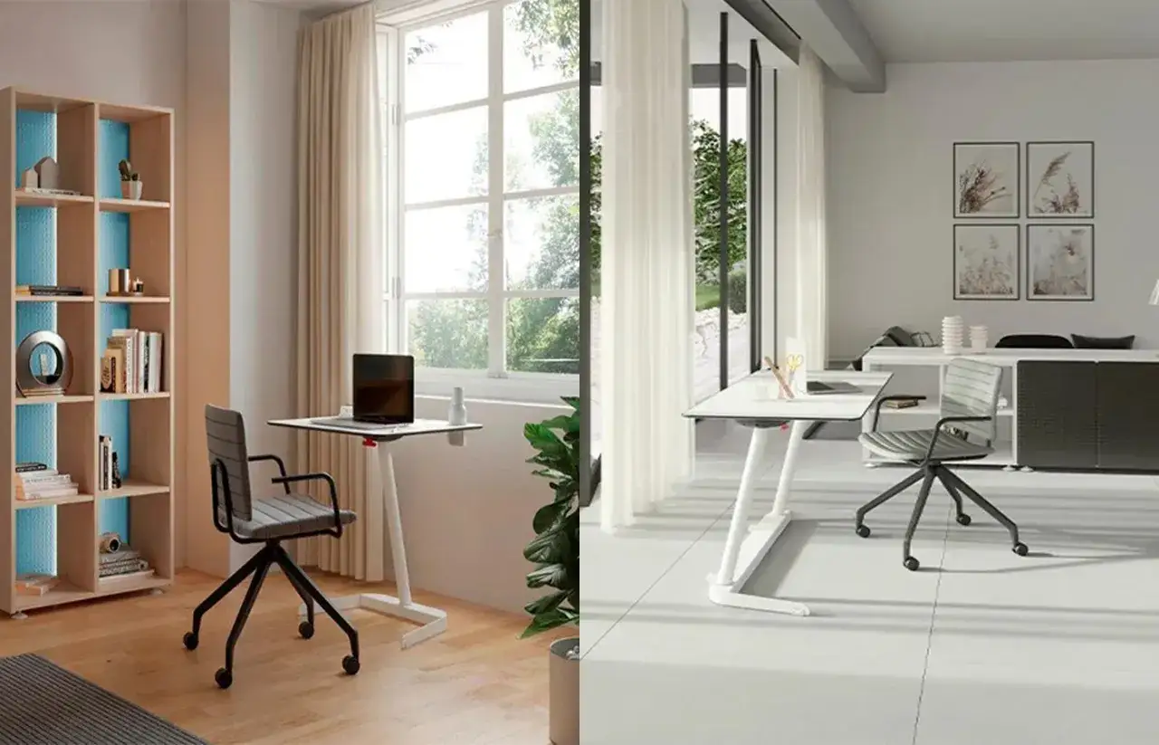 Moderno despacho en casa con estanter&iacute;a de madera, escritorio blanco y silla ergon&oacute;mica. Ideal para trabajar c&oacute;modamente.