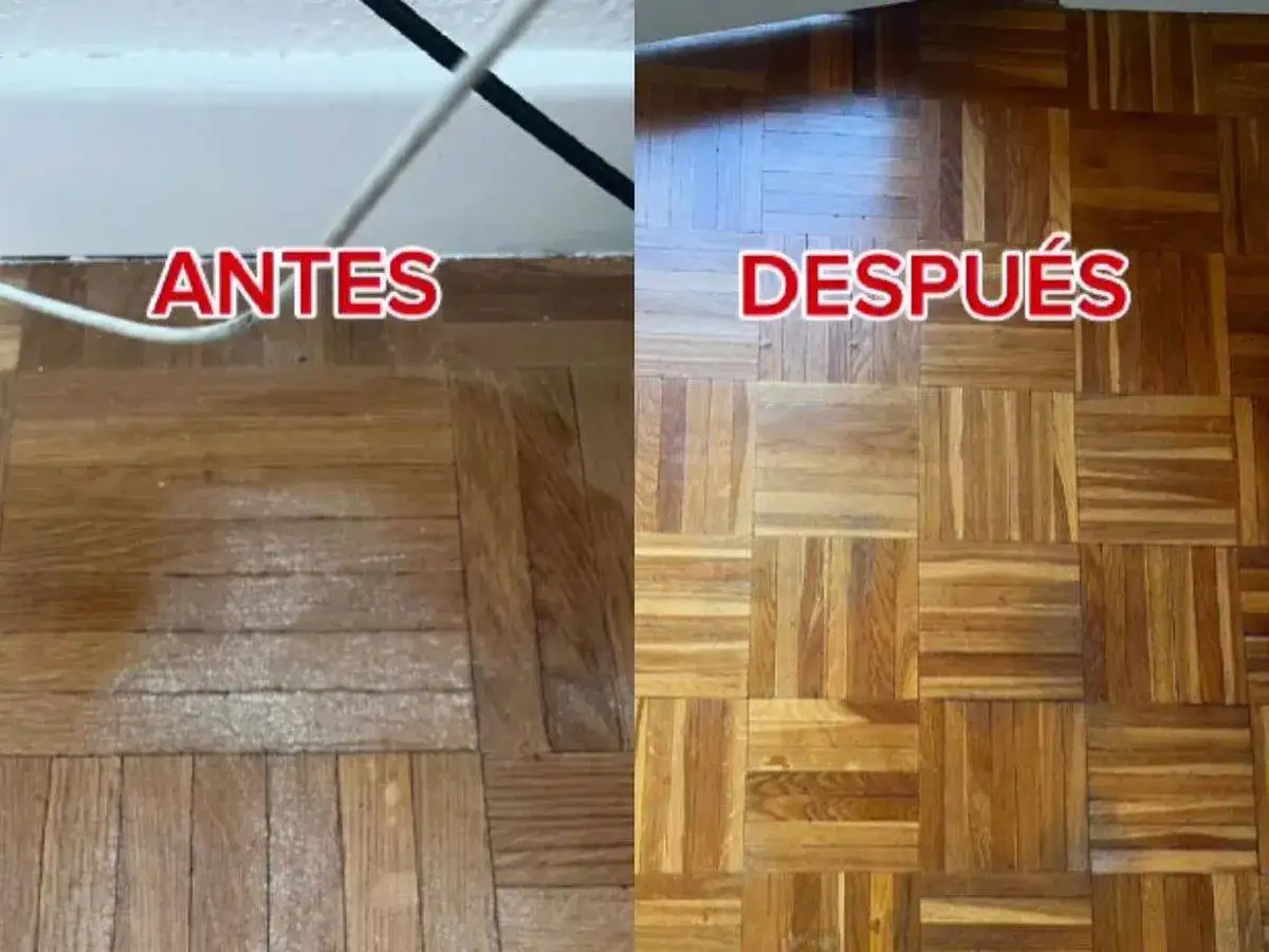 Antes y después de aplicar remedios caseros para reparar parquet. El suelo de madera luce renovado y brillante.