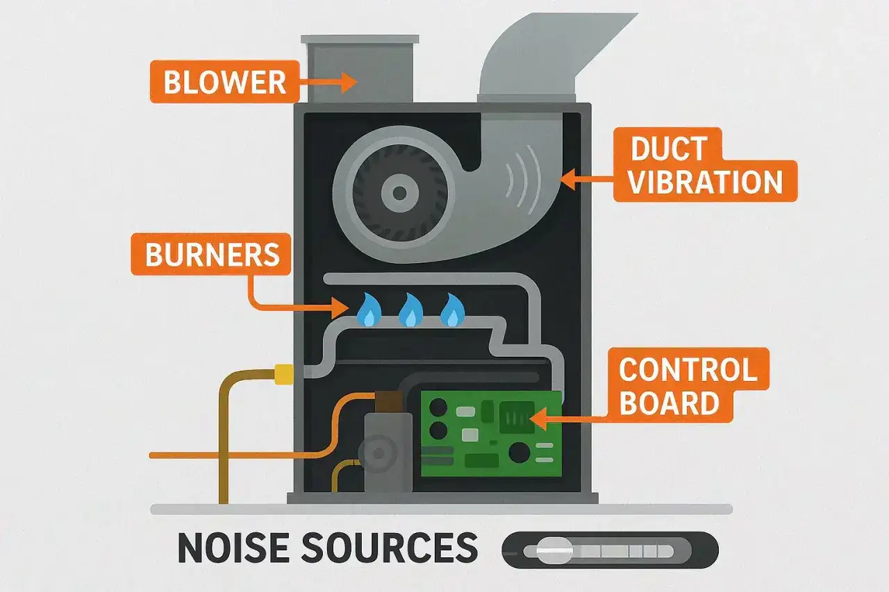 Diagrama de una caldera mostrando fuentes de ruido: soplador, quemadores, vibración de conductos y placa de control.
