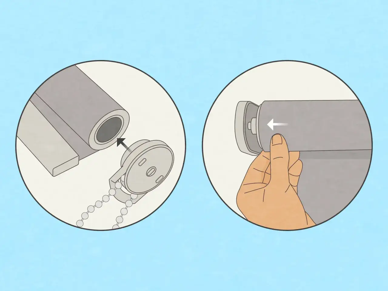 Instrucciones para cambiar cinta persiana sin desmontar. Ilustración muestra cómo insertar el mecanismo de la cadena en el rodillo.