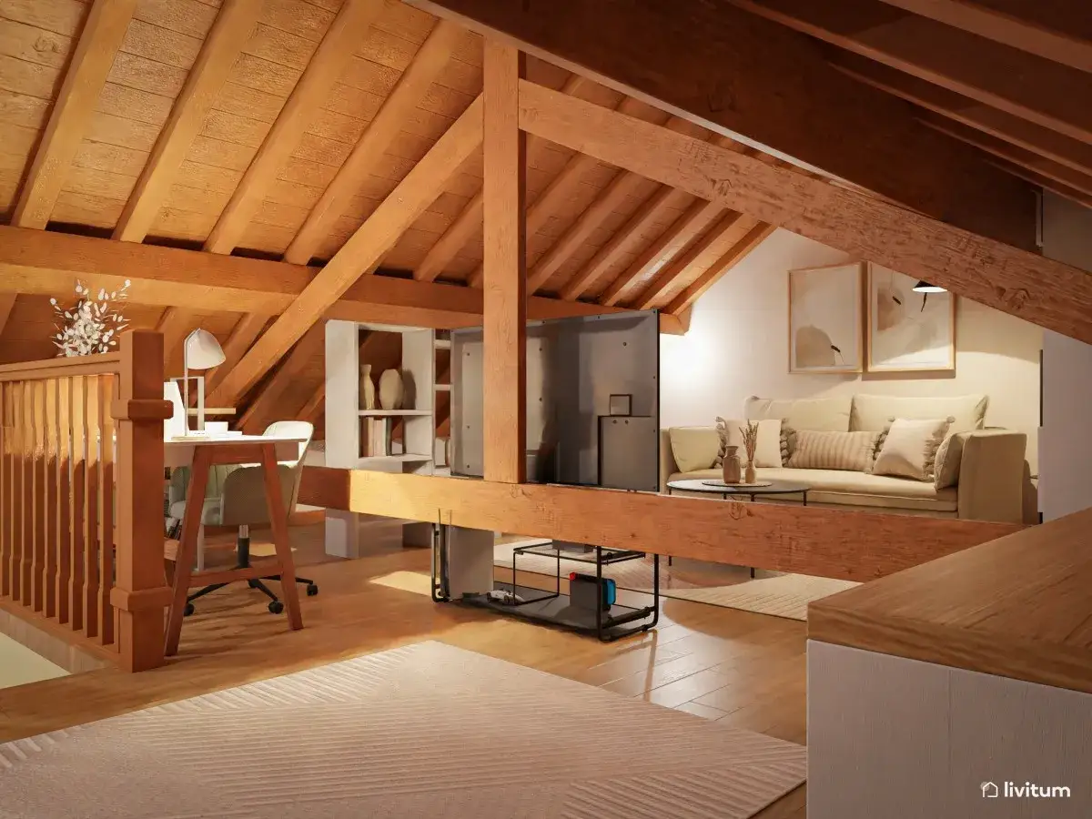 Espacio acogedor en buhardilla con vigas de madera. Zona de trabajo y salón para aprovechar buhardilla muy baja.