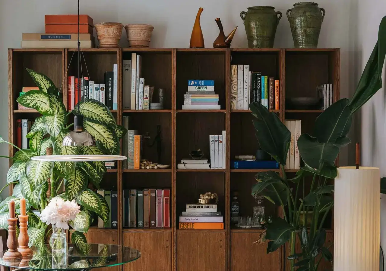 Estanter&iacute;a de madera con libros, plantas y objetos decorativos, creando un ambiente acogedor de despacho en casa.