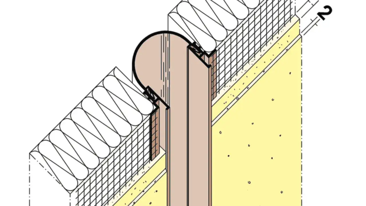 Detalle constructivo de juntas de dilataci&oacute;n en fachadas, mostrando aislamiento, malla y perfiler&iacute;a.