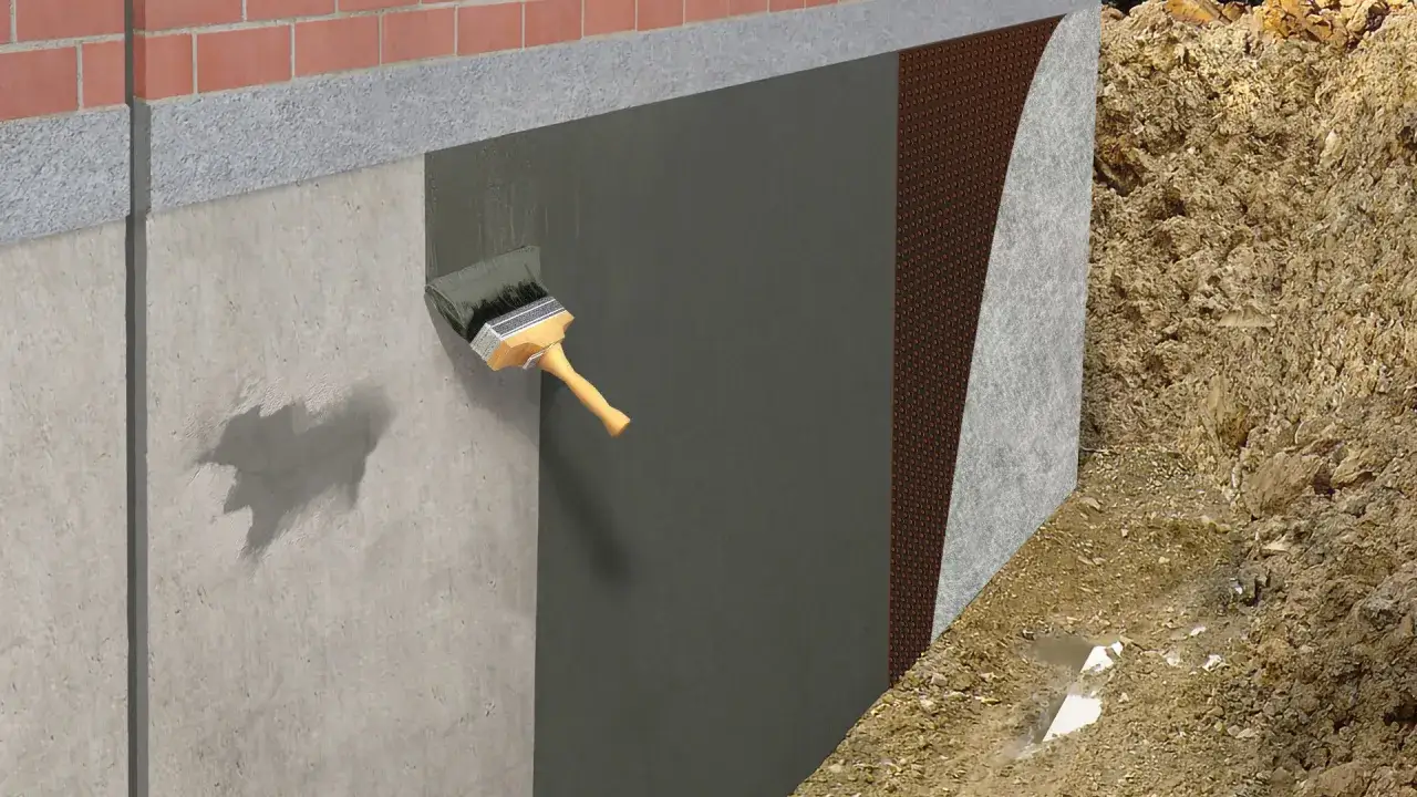 Aplicando capa protectora para impermeabilizar pared exterior. Se ve el proceso de sellado de la base de un edificio.