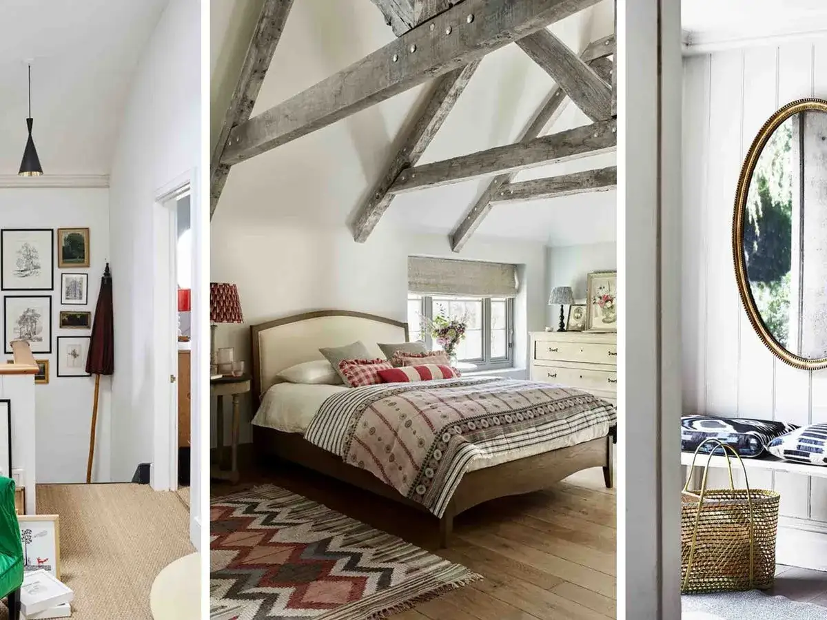 Ideas para decorar casa con poco dinero: pasillo con cuadros, dormitorio r&uacute;stico con vigas y entrada con espejo y cesta.