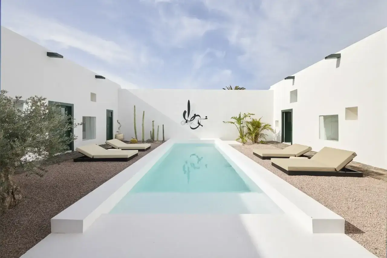 Un patio blanco con una alberca cristalina, camastros beige, cactus y un olivo. Un oasis moderno.