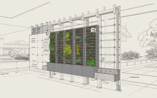 Detalle de planos de jardines verticales con plantas y estructura metálica.