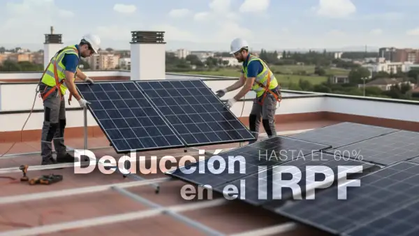 Instaladores colocan paneles solares en un tejado, promoviendo la deducción en el IRPF para desgravar eficiencia energética.