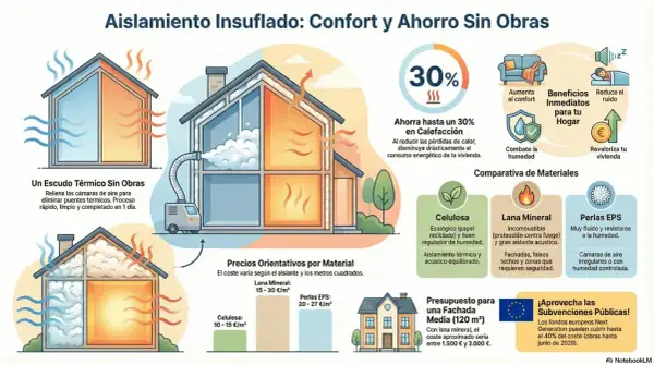 Ilustración de una vivienda unifamiliar con aislamiento insuflado, mostrando cómo mejora el confort y ahorra energía.
