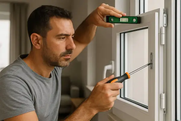 Hombre ajustando una ventana oscilobatiente que no cierra bien con un nivel y destornillador.
