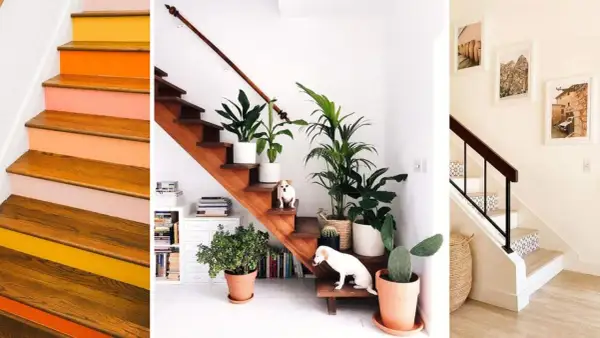 Ideas para decorar subida de escalera interior: escalones pintados, plantas y cuadros.