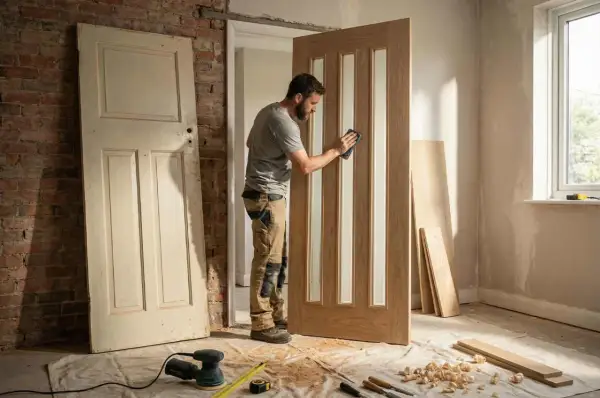 Hombre lijando una puerta moderna de madera con paneles de vidrio, un proyecto para modernizar puertas viejas.