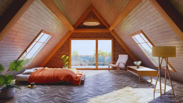 Acogedor dormitorio abuhardillado con cama naranja, mecedora y grandes ventanales. Ideal para **aprovechar buhardilla muy baja** con estilo y luz.