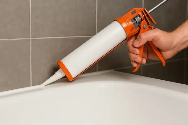 Mano aplicando silicona con pistola en la junta de una bañera. Guía para saber como poner silicona en la ducha.