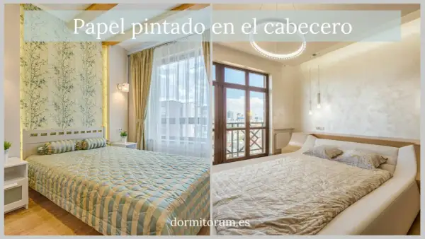 Dos dormitorios con papel pintado en el cabecero. Uno con un diseño floral azul y otro con textura beige.