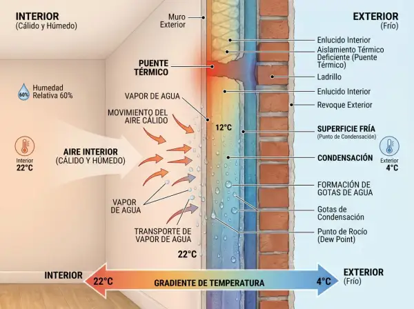 Ilustración de un puente térmico en un muro, mostrando la transferencia de calor y vapor de agua del interior cálido al exterior frío, causando condensación.