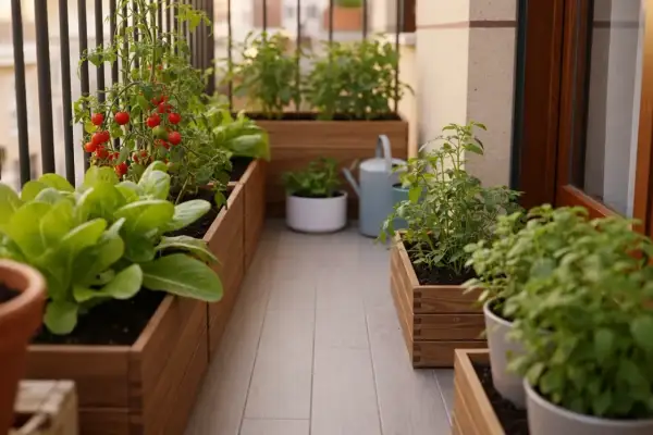 Un balcón transformado en un vibrante jardín urbano, con lechugas frescas y tomates rojos madurando en macetas de madera.
