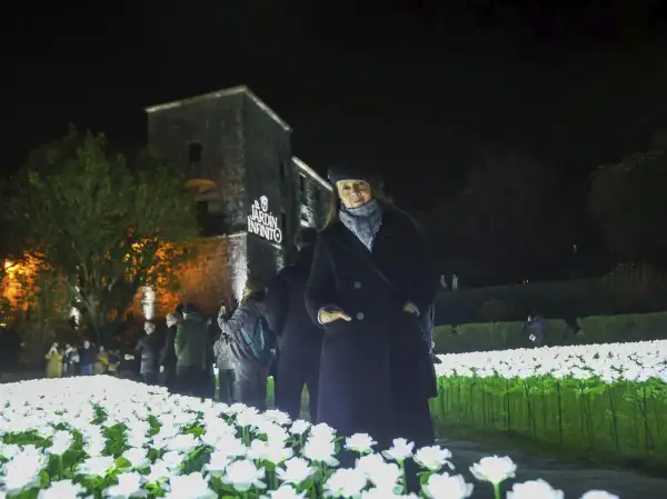 Mujer posa en un jardín infinito de luces blancas, con un edificio histórico al fondo.