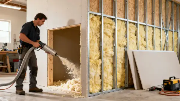 Hombre usando máquina para insonorizar pared, inyectando material aislante en cavidad.