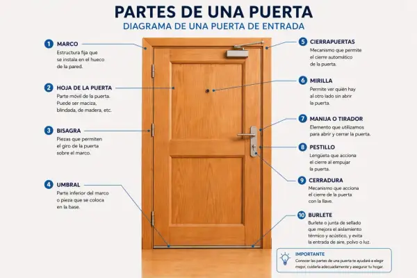 Diagrama de las partes de una puerta de entrada: marco, hoja, bisagra, umbral, cierrapuertas, mirilla, manija, pestillo, cerradura y burlete.