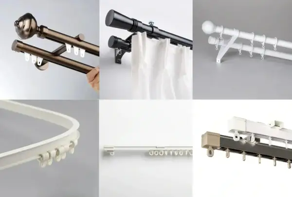 Seis tipos de rieles para cortinas: dobles de metal, negros con cortinas blancas, blancos dobles, curvos, rectos y de doble canal.